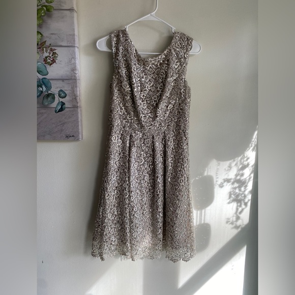 Fit and Flair Taupe Dress with lace overlay and sequin embellishments - Picture 1 of 4